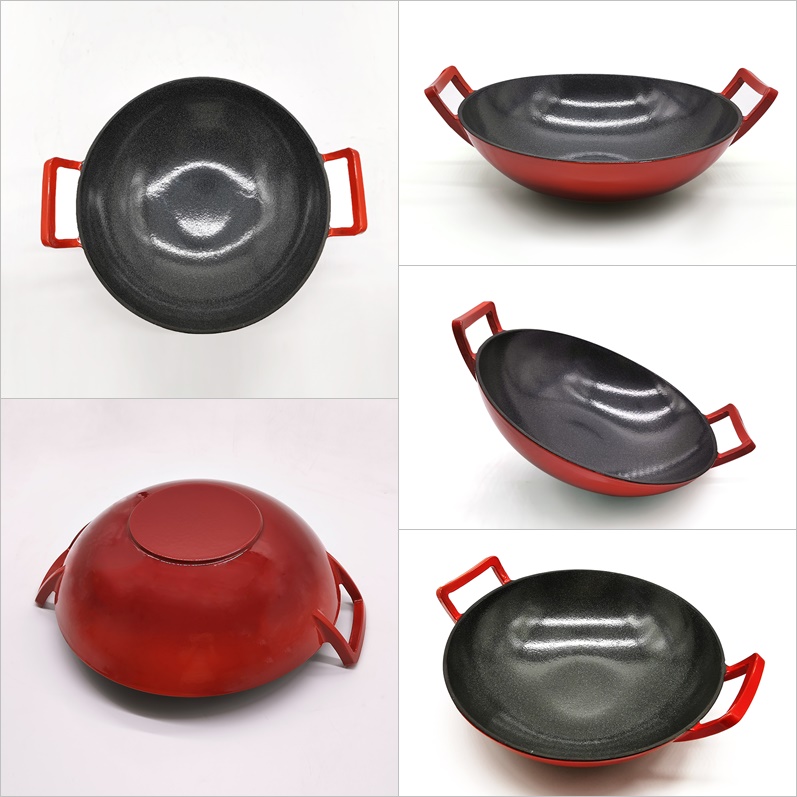 Chinese Cast Iron Wok with enamel coating and grey dot, Black Wok Pan, Iron Cast Wok