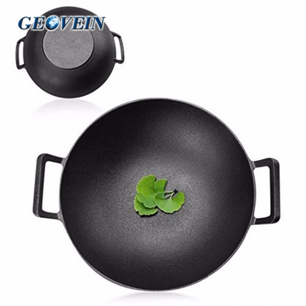 Geovein Pre-Seasoned Cast Iron Wok with two Handled