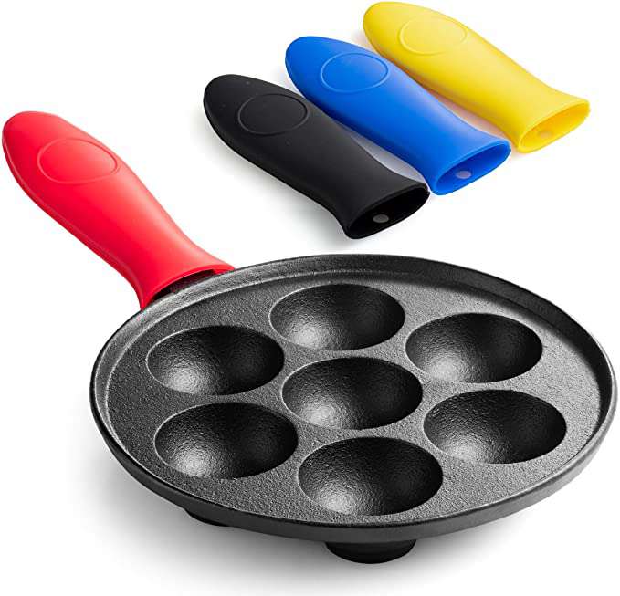 Pre-Seasoned Cast Iron Aebleskiver Pan with 4 Silicone Handle Covers