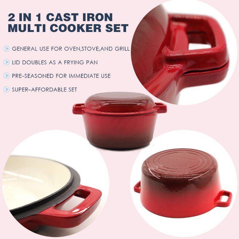 Advantage of Geovein Red Enameled Cast Iron Double Dutch Oven With Grill Lid