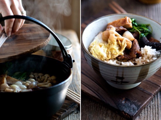 Seasoned cast iron Japanese sukiyaki pot with wooden lid