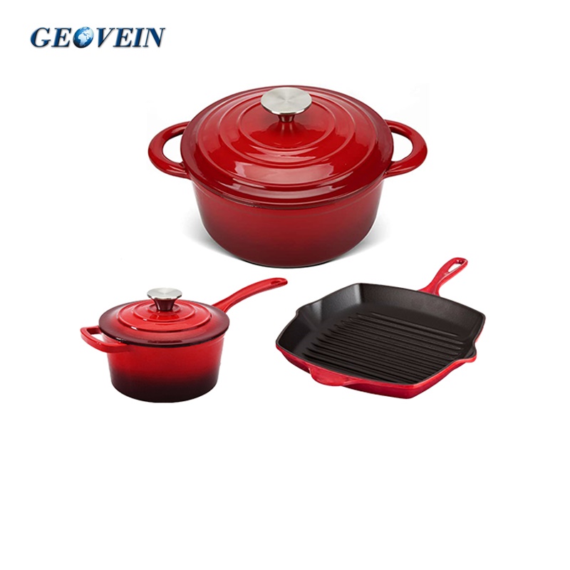 Customized Enamel Cast Iron Cookware Sets Casserole Sauce Pot And Grill Pan