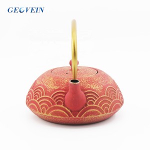 Red Teapot Cast Iron Tea Kettle with Gold Wave Pattern