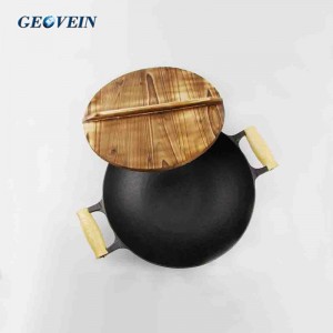 Traditional Cast Iron Wok with Wooden Lid and 2 Wooden Handle