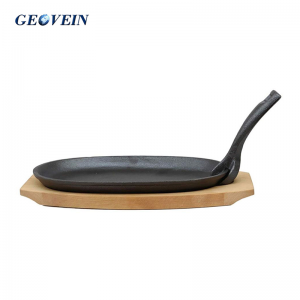 Cast Iron Steak Plate With Handle and Wooden Base For Restaurant Kitchen Cooking