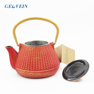 Cast Iron Tea Kettle Red Bamboo Weave Pattern