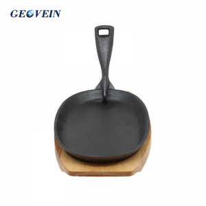 Cast Iron Steak Plate With Handle and Wooden Base For Restaurant Kitchen Cooking