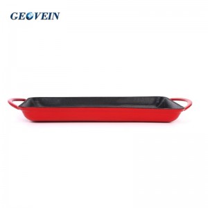 Enamel Cast Iron rectangle Grill Griddle Cooking Pan  With Double Handles