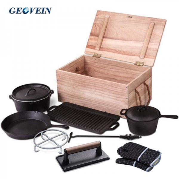 Wholesale Cast iron camping cookware set with wooden box factory