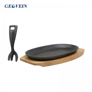 Cast Iron Steak Plate With Handle and Wooden Base For Restaurant Kitchen Cooking