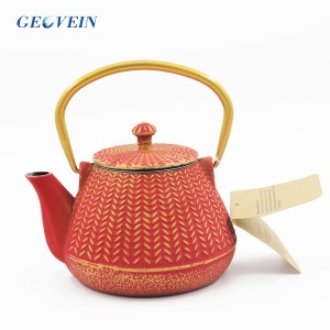 Cast Iron Tea Kettle Red Bamboo Weave Pattern
