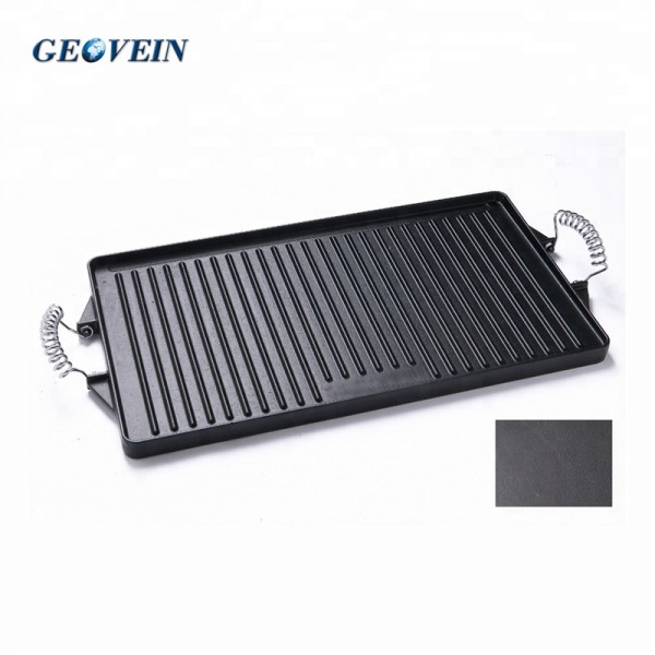 Reversible BBQ Plate Double Cast iron Grill Pan/Griddle Plate With Spring Handle