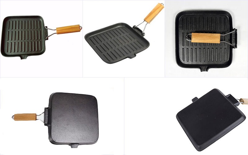 Cast iron Grill Skillet With Wooden Folding Handle