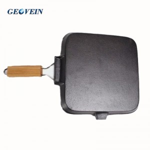 Non stick Steak Plates Cast iron Grill Skillet With Wooden Folding Handle