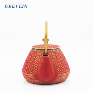 Cast Iron Tea Kettle Red Bamboo Weave Pattern