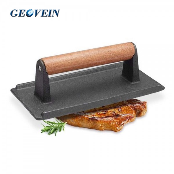 Cast Iron Bacon Steak Press Grill BBQ with Wood Handle