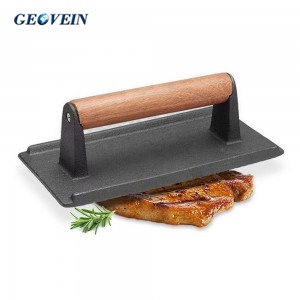 Cast Iron Bacon Steak Press Grill BBQ with Wood Handle