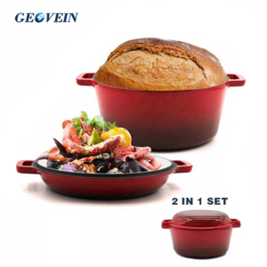 Red Enameled Cast Iron Double Dutch Oven With Grill Lid