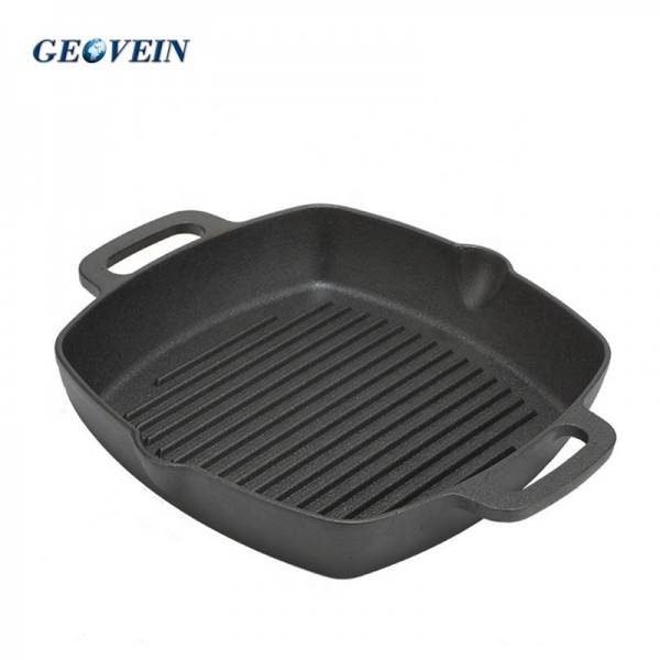 Square Cast Iron Grill Pan Steak Pan Pre-seasoned Grill Pan with Large Loop Handles