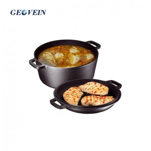 2 In 1 cast iron double dutch oven set combo cooker