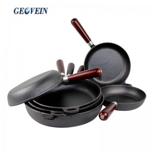 Cast Iron Round Frying Pan Wooden Handle