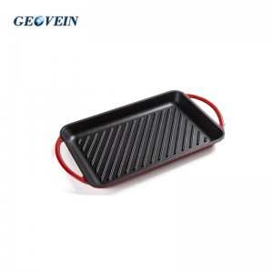 Enamel Cast Iron rectangle Grill Griddle Cooking Pan  With Double Handles