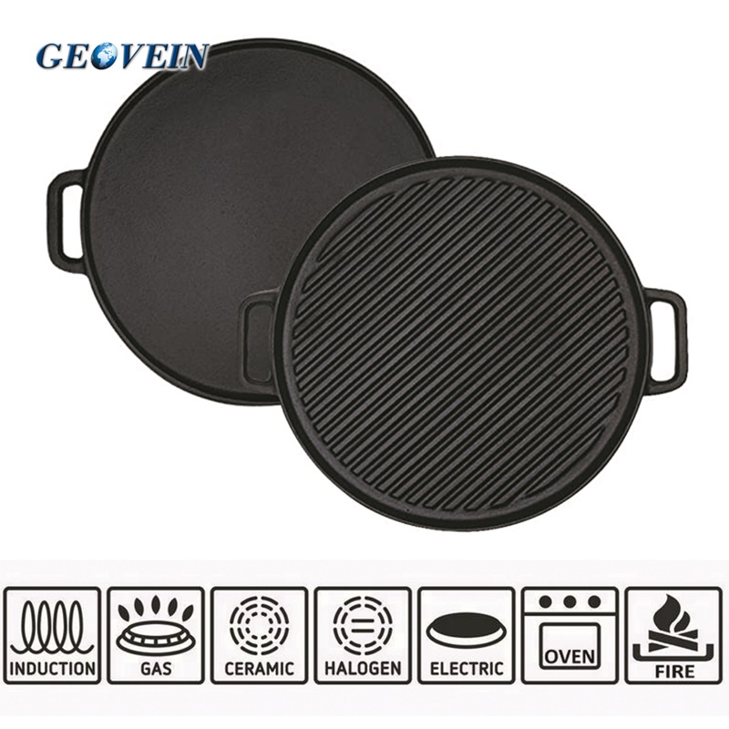 Double Handled Round Cast Iron Stovetop Reversible Grill/Griddle