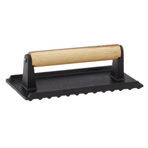 Cast Iron Bacon Meat Grill Press with Wood Handle
