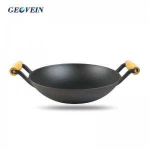 Traditional Cast Iron Wok with Wooden Lid and 2 Wooden Handle