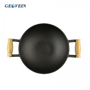 Traditional Cast Iron Wok with Wooden Lid and 2 Wooden Handle