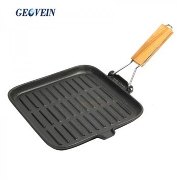 Non stick Steak Plates Cast iron Grill Skillet With Wooden Folding Handle