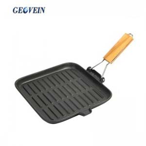 Non stick Steak Plates Cast iron Grill Skillet With Wooden Folding Handle
