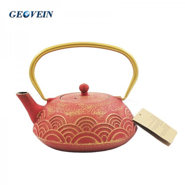 Red Teapot Cast Iron Tea Kettle with Gold Wave Pattern