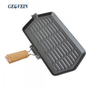 Cast Iron Rectangular Steak bbq Grill Pan with Foldable Handle