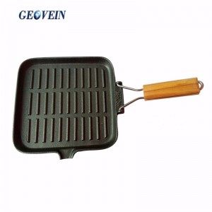 Non stick Steak Plates Cast iron Grill Skillet With Wooden Folding Handle