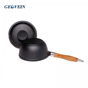 cast iron saucepan with wooden handle and  lid