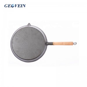 cast iron cooking pan with wooden handle