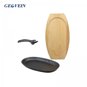 Cast Iron Steak Plate With Handle and Wooden Base For Restaurant Kitchen Cooking