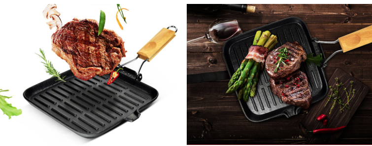 Cast iron Grill Skillet With Wooden Folding Handle