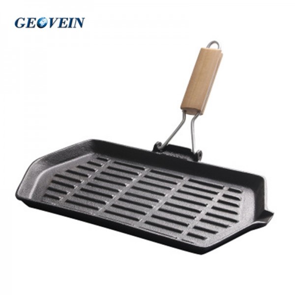 Cast Iron Rectangular Steak bbq Grill Pan with Foldable Handle