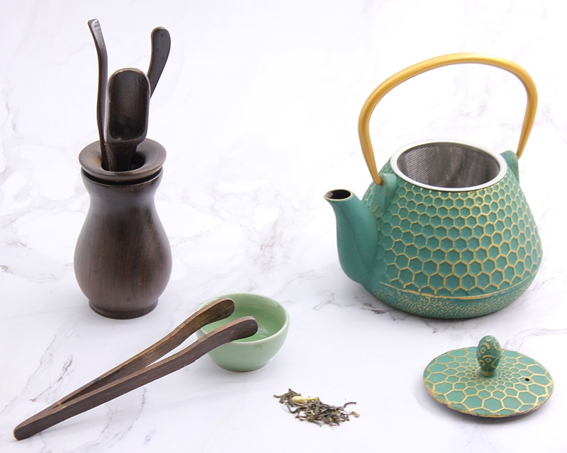 Iron Tea Pots Dark Green Hexagon Pattern Enamel Coated Teapot with strainer