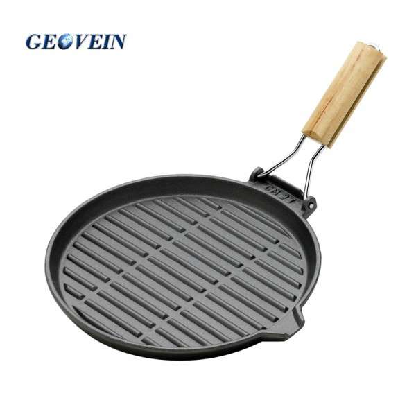 Round Cast Iron Grill Pan with Folding Handle