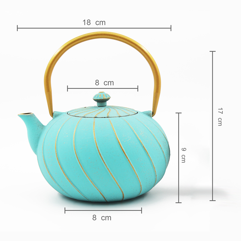 Golden Curvilinear Tetsubin Cast Iron Teapot Kettle Coated with Enameled Interior