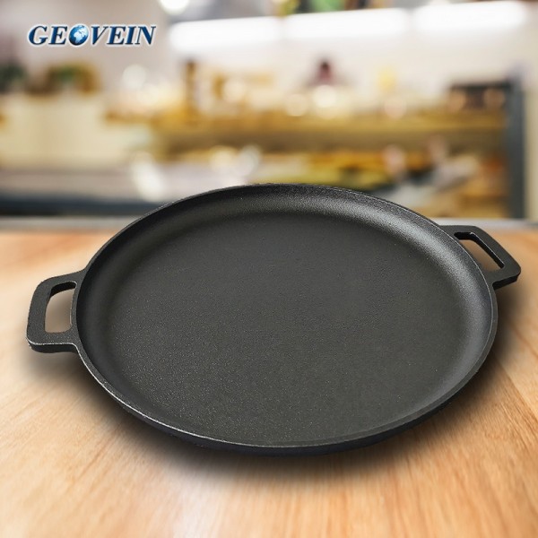 16 inch round shape cast iron pizza pan with handles