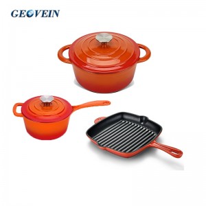 Customized Enamel Cast Iron Cookware Sets Casserole Sauce Pot and Grill Pan