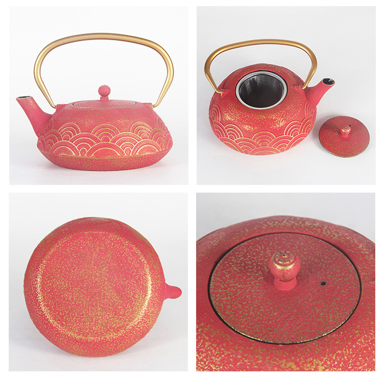 Red Teapot Cast Iron Tea Kettle with Gold Wave Pattern