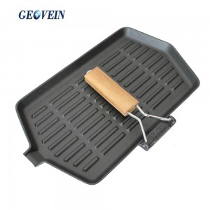 Cast Iron Rectangular Steak bbq Grill Pan with Foldable Handle