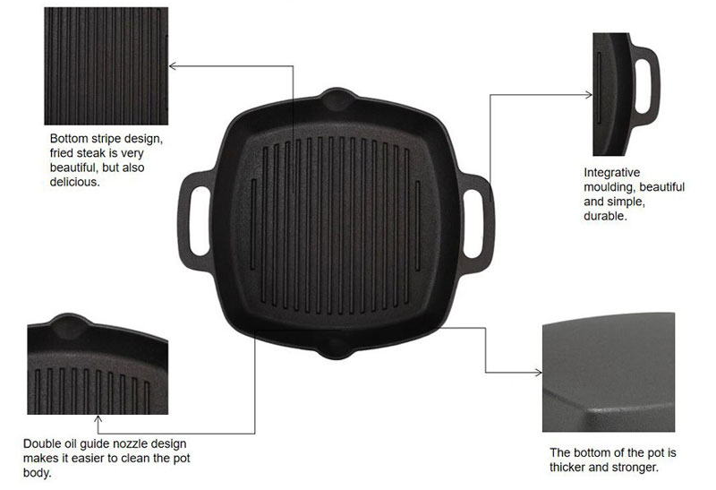 Square Cast Iron Grill Pan Steak Pan Pre-seasoned Grill Pan with Large Loop Handles