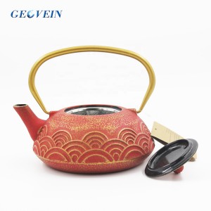 Red Teapot Cast Iron Tea Kettle with Gold Wave Pattern